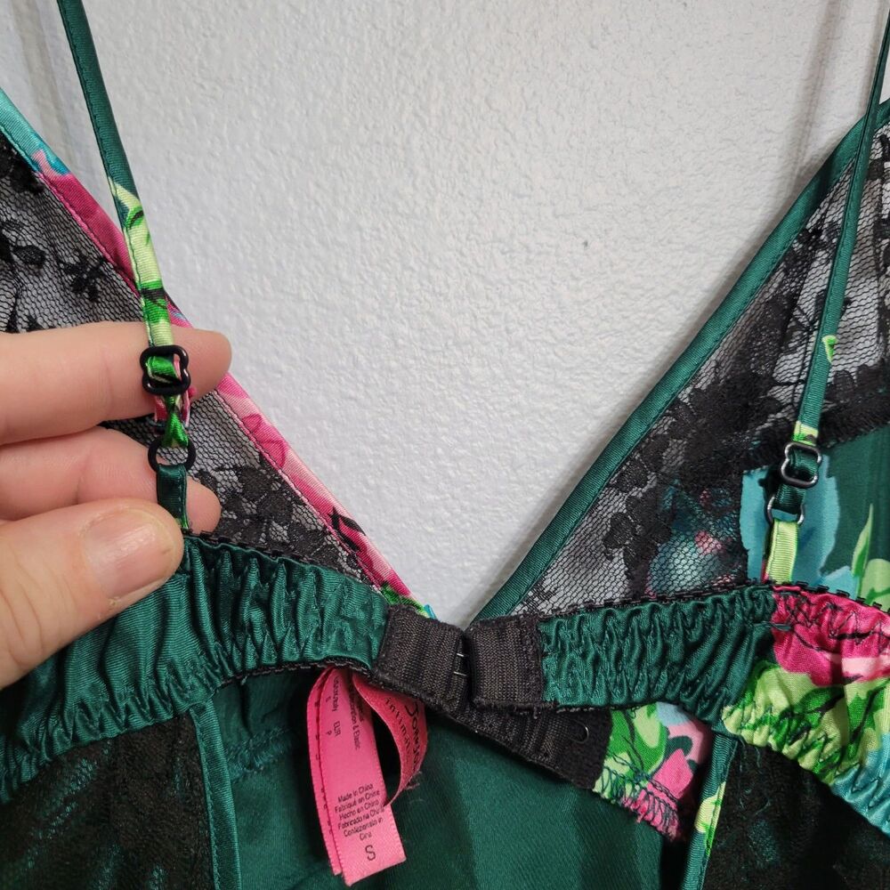 VTG Betsey Johnson 90s Y2K Floral Lace Satin Slip Dress Emerald Green Rose SM - Picture 3 of 9